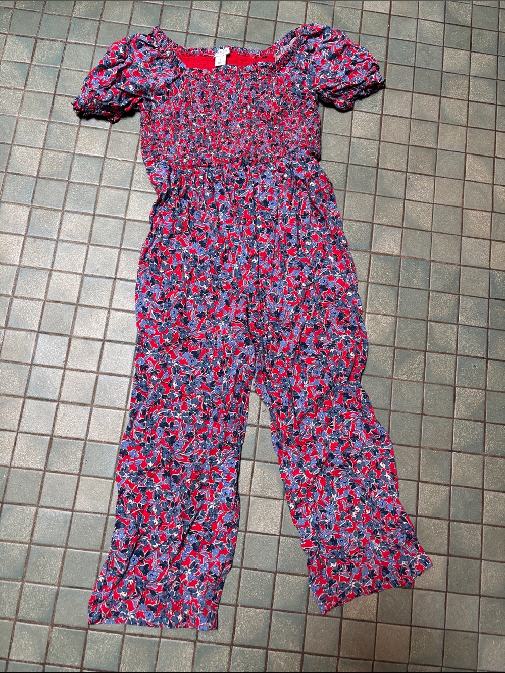 Crewcuts Red & Blue Floral Smocked Jumpsuit for Kids